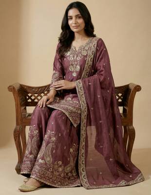 Pink designer chinon sequins embroidered work readymade suit 2