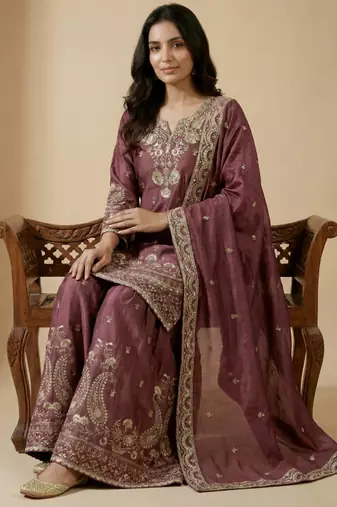 Pink designer chinon sequins embroidered work readymade suit