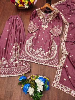 Pink designer chinon sequins embroidered work readymade suit 3