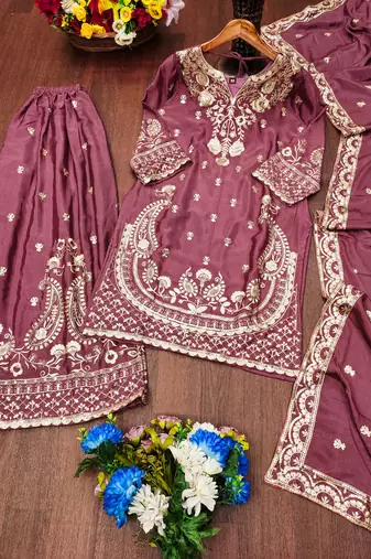 Pink designer chinon sequins embroidered work readymade suit