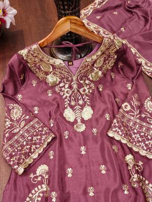 Pink designer chinon sequins embroidered work readymade suit 4