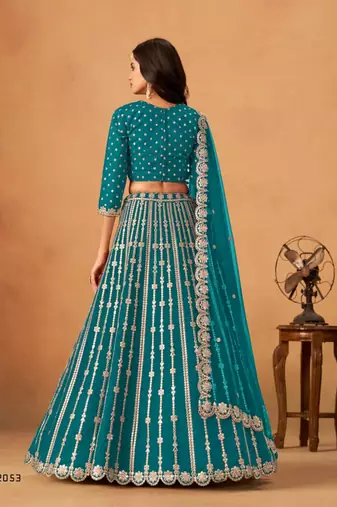 teal silk blend embroidered lehenga set