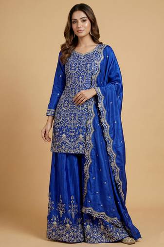 Blue designer chinon sequins embroidered work readymade suit