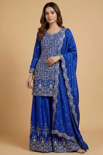 Blue designer chinon sequins embroidered work readymade suit