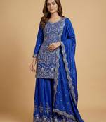 Blue designer chinon sequins embroidered work readymade suit