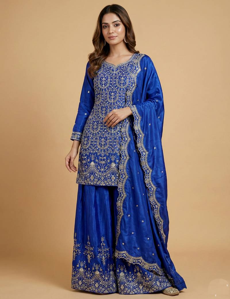 Blue designer chinon sequins embroidered work readymade suit
