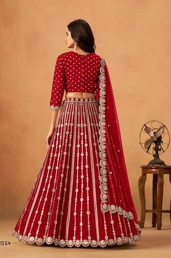 red silk blend embroidered lehenga set
