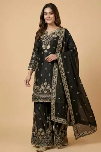 Black designer chinon sequins embroidered work readymade suit