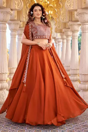 orange silk blend embroidered lehenga set