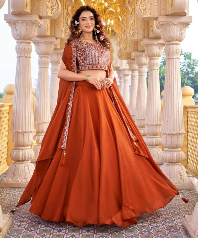 orange silk blend embroidered lehenga set