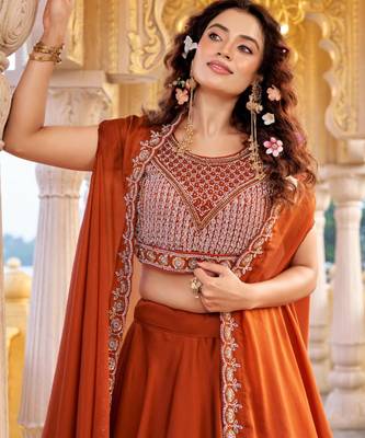 orange silk blend embroidered lehenga set with free size upto 44 2
