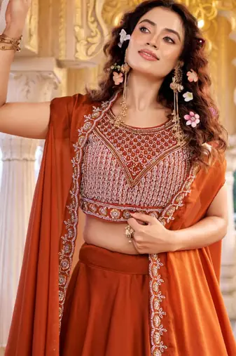 orange silk blend embroidered lehenga set