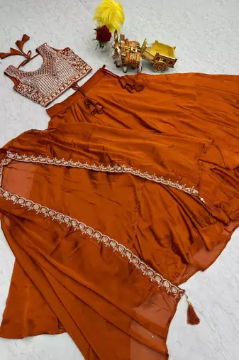 orange silk blend embroidered lehenga set