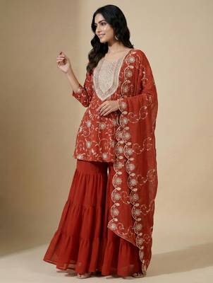 Orange designer fox georgette embroidered work readymade suit 2