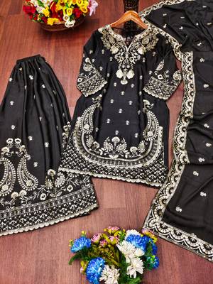 Black designer chinon sequins embroidered work readymade suit 3