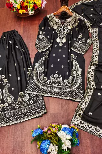 Black designer chinon sequins embroidered work readymade suit