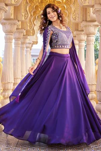 purple silk blend embroidered lehenga set with free size upto 44