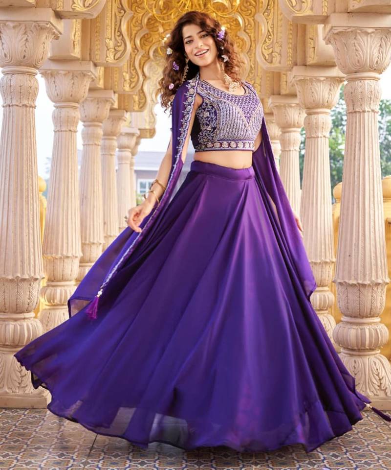 purple silk blend embroidered lehenga set
