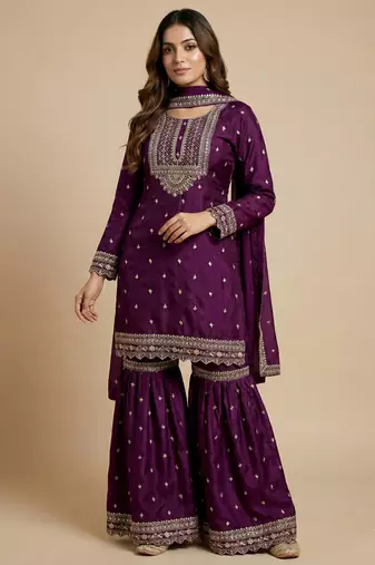 Purple designer chinon sequins embroidered work readymade suit