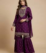 Purple designer chinon sequins embroidered work readymade suit