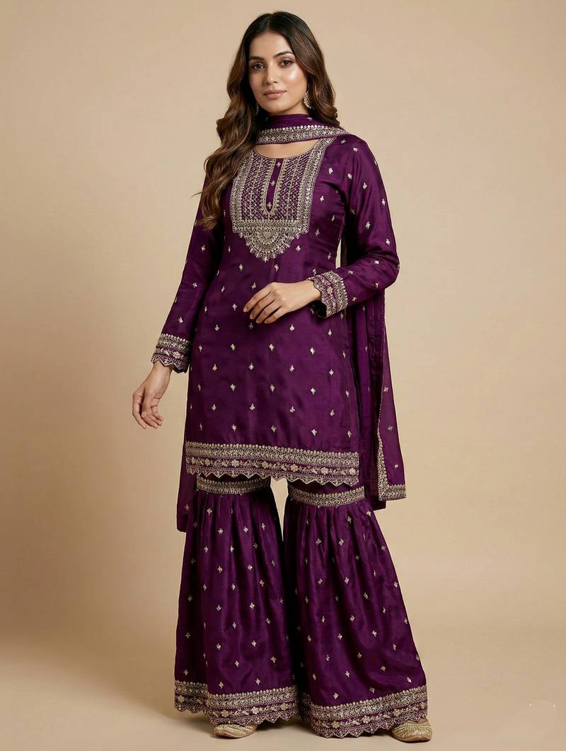 Purple designer chinon sequins embroidered work readymade suit