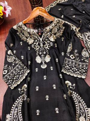 Black designer chinon sequins embroidered work readymade suit 4