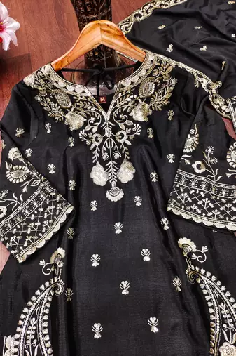 Black designer chinon sequins embroidered work readymade suit