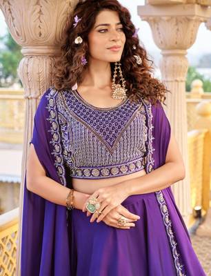 purple silk blend embroidered lehenga set with free size upto 44 4