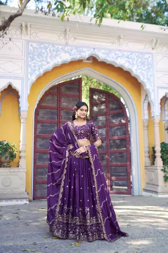 purple georgette embroidered lehenga set