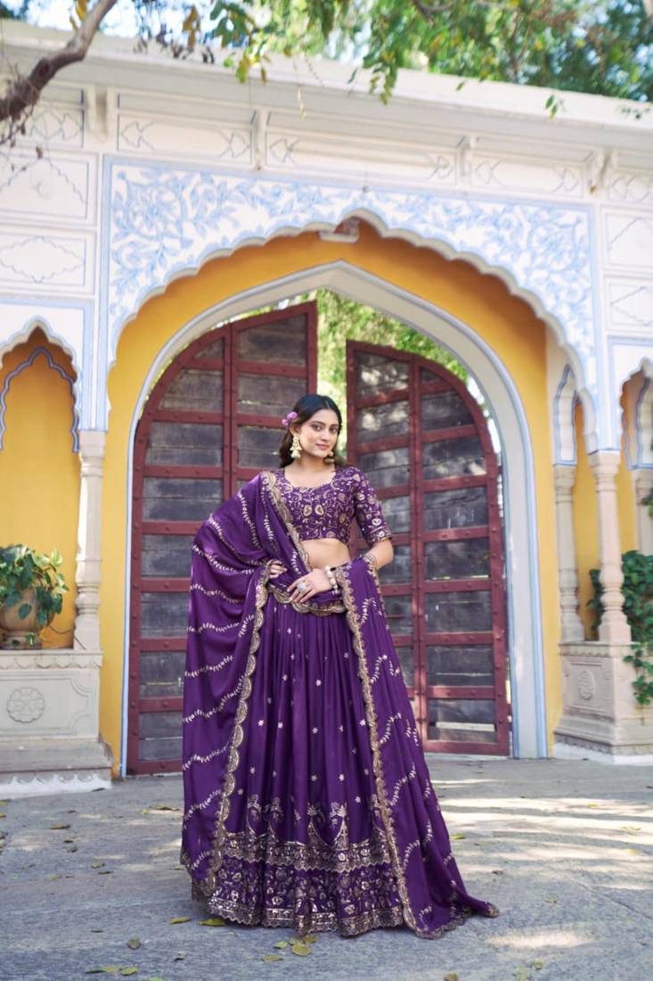purple georgette embroidered lehenga set