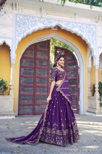 purple georgette embroidered lehenga set