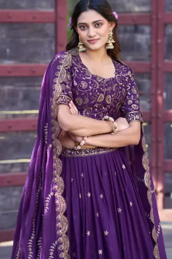 purple georgette embroidered lehenga set