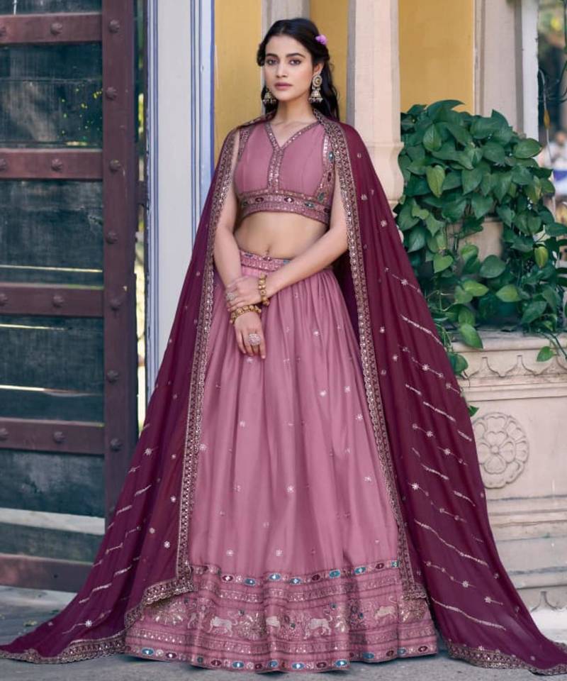 onion pink georgette embroidered lehenga set