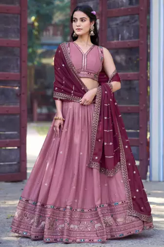 onion pink georgette embroidered lehenga set