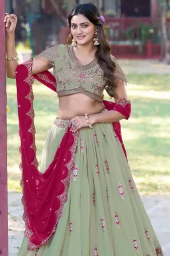 olive georgette embroidered lehenga set