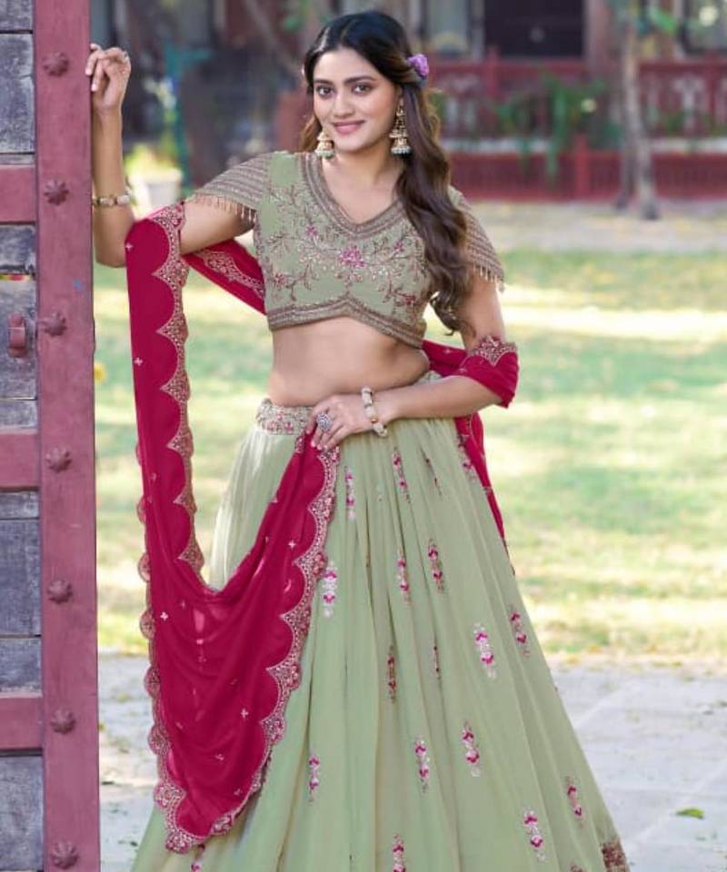 olive georgette embroidered lehenga set