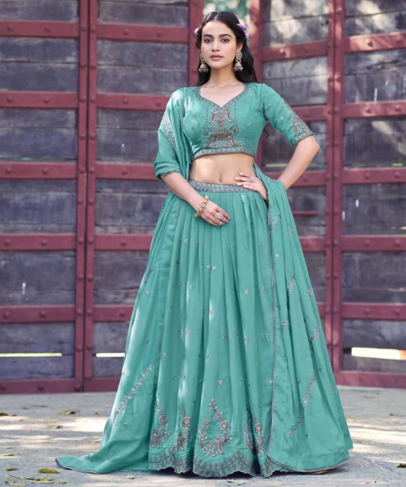 sea green georgette embroidered lehenga set