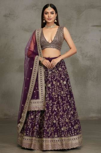 purple georgette embroidered lehenga set