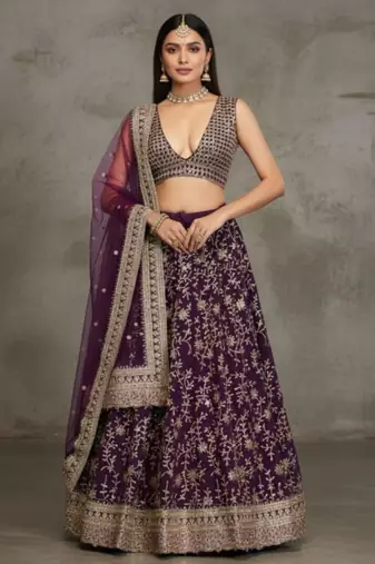 purple georgette embroidered lehenga set