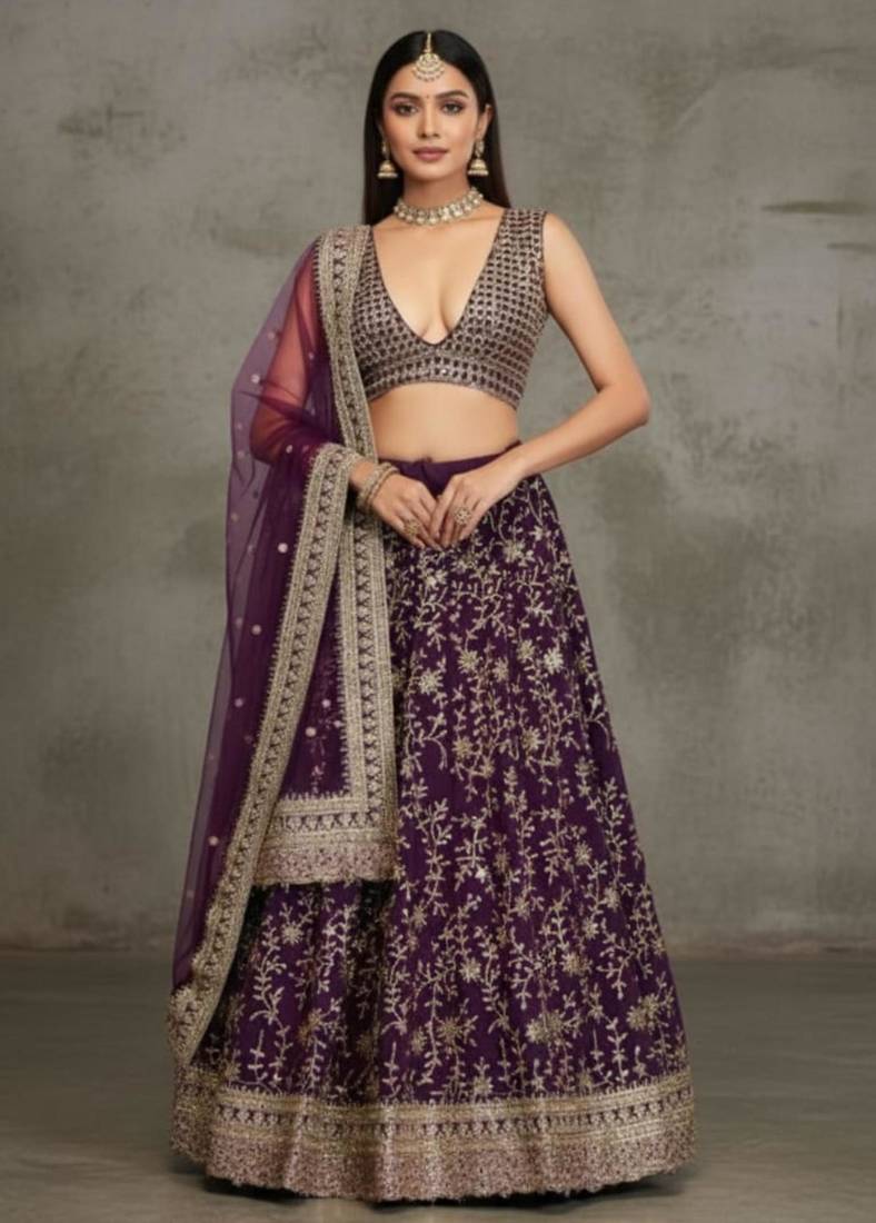 purple georgette embroidered lehenga set