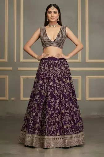 purple georgette embroidered lehenga set