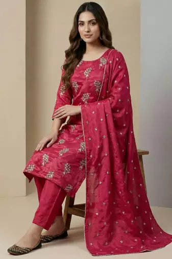 Pink designer heavy chinon sequins embroidered work readymade suit