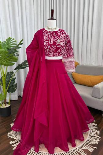 magenta embroidered silk blend lehenga set