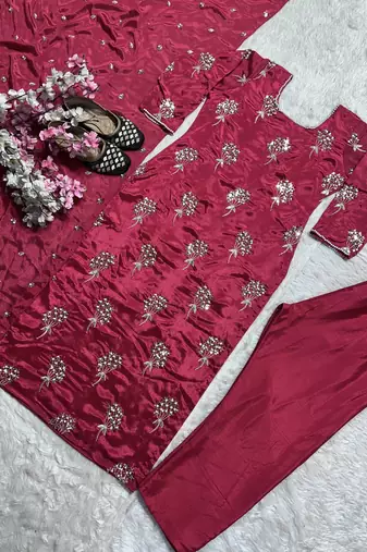 Pink designer heavy chinon sequins embroidered work readymade suit