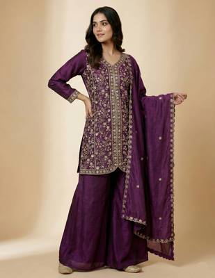 Purple designer chinon sequins embroidered work readymade suit 2