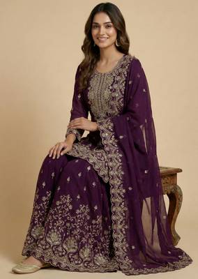 Wine designer fox georgette sequins embroidered work readymade suit 2