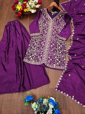 Purple designer chinon sequins embroidered work readymade suit 3