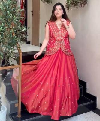 pink silkblend embroidered lehenga set with free size upto 44 3
