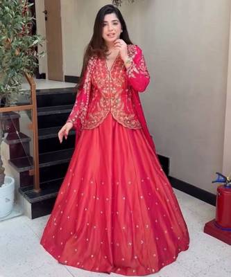pink silkblend embroidered lehenga set with free size upto 44 4