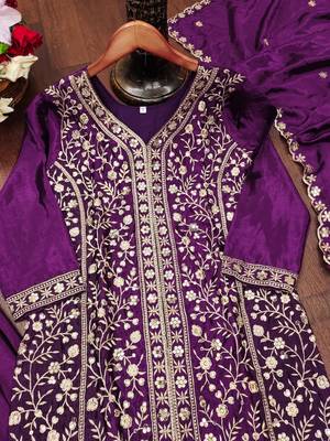 Purple designer chinon sequins embroidered work readymade suit 4